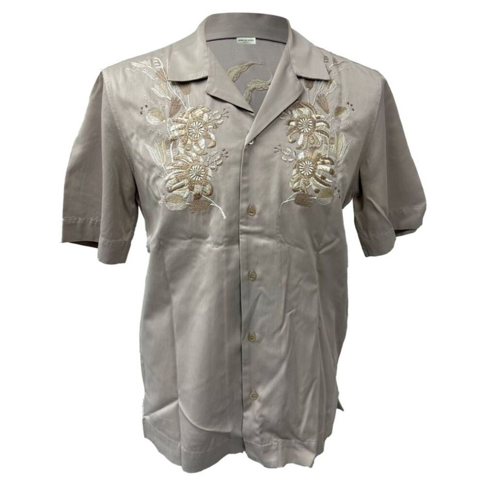 Dries Van Noten Camp-Collar Embroidered Satin Shirt in Beige Viscose